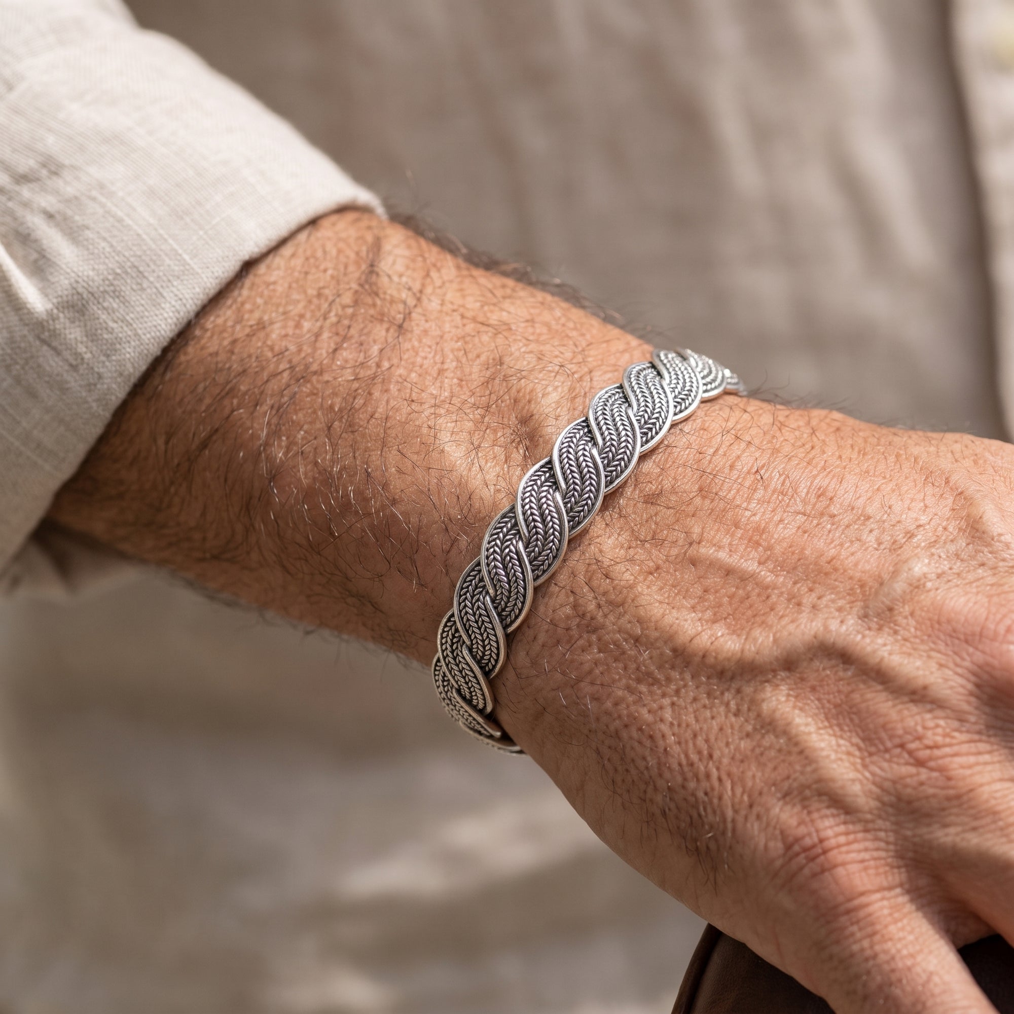 Braided silver 925 cuff bungle bracelet