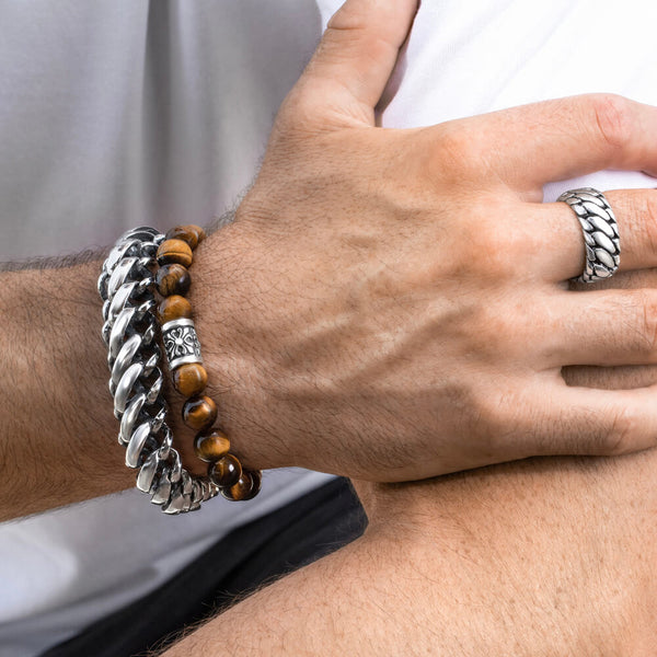 Men Bracelet Natural Tiger's Eye 3 Strands Leather Stainless Steel Bracelet Gift