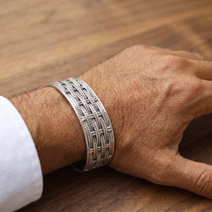 Men Wide silver cuff BasketWeave