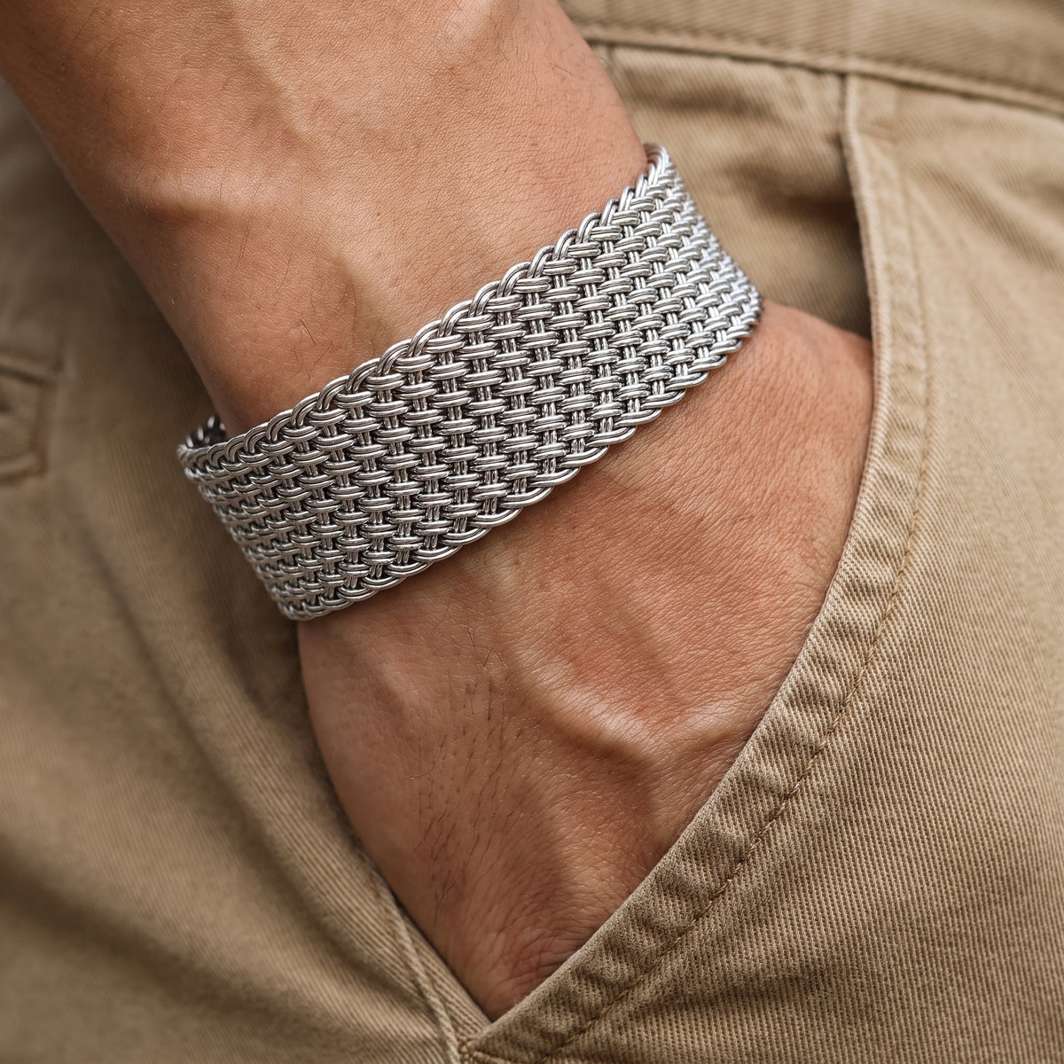 Wide woven silver cuff