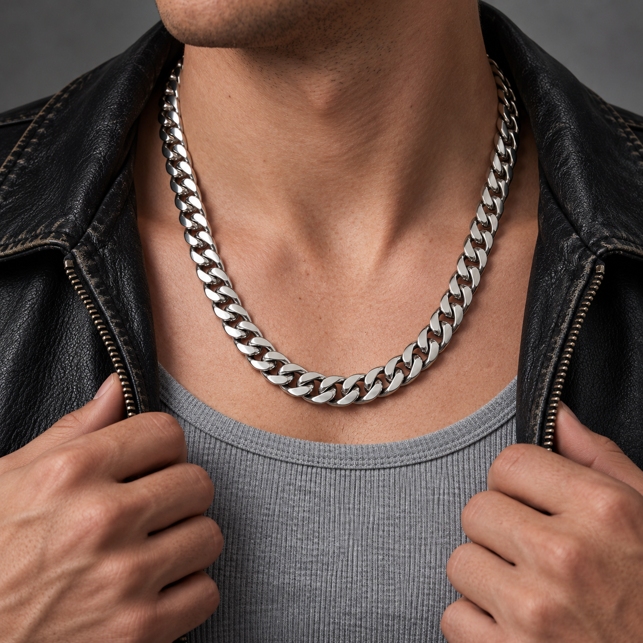 Man wearing a sterling silver Cuban Chain necklace with a black leather jacket