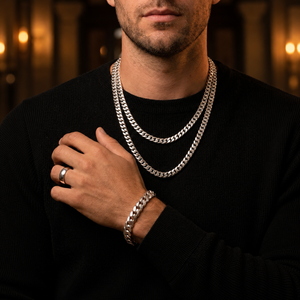 Man wearing Elegant Chain sterling silver bracelet and necklaces