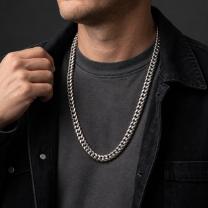 Sterling silver Elegant Chain necklace worn over a charcoal shirt with a black jacket