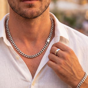 Sterling silver Elegant Chain necklace with box clasp and matching bracelet worn with a white linen shirt