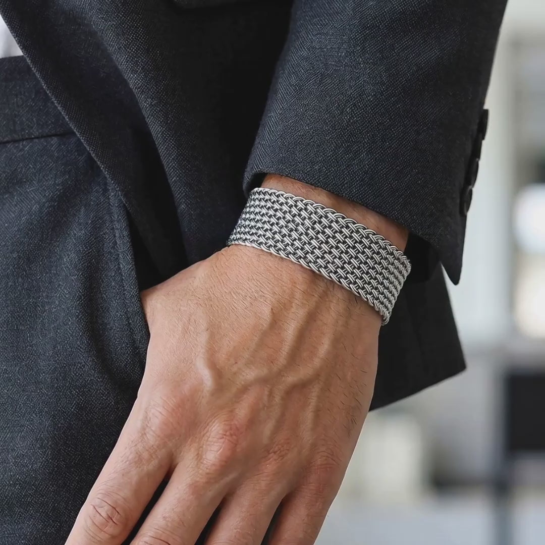 Wide woven solid silver 925 cuff