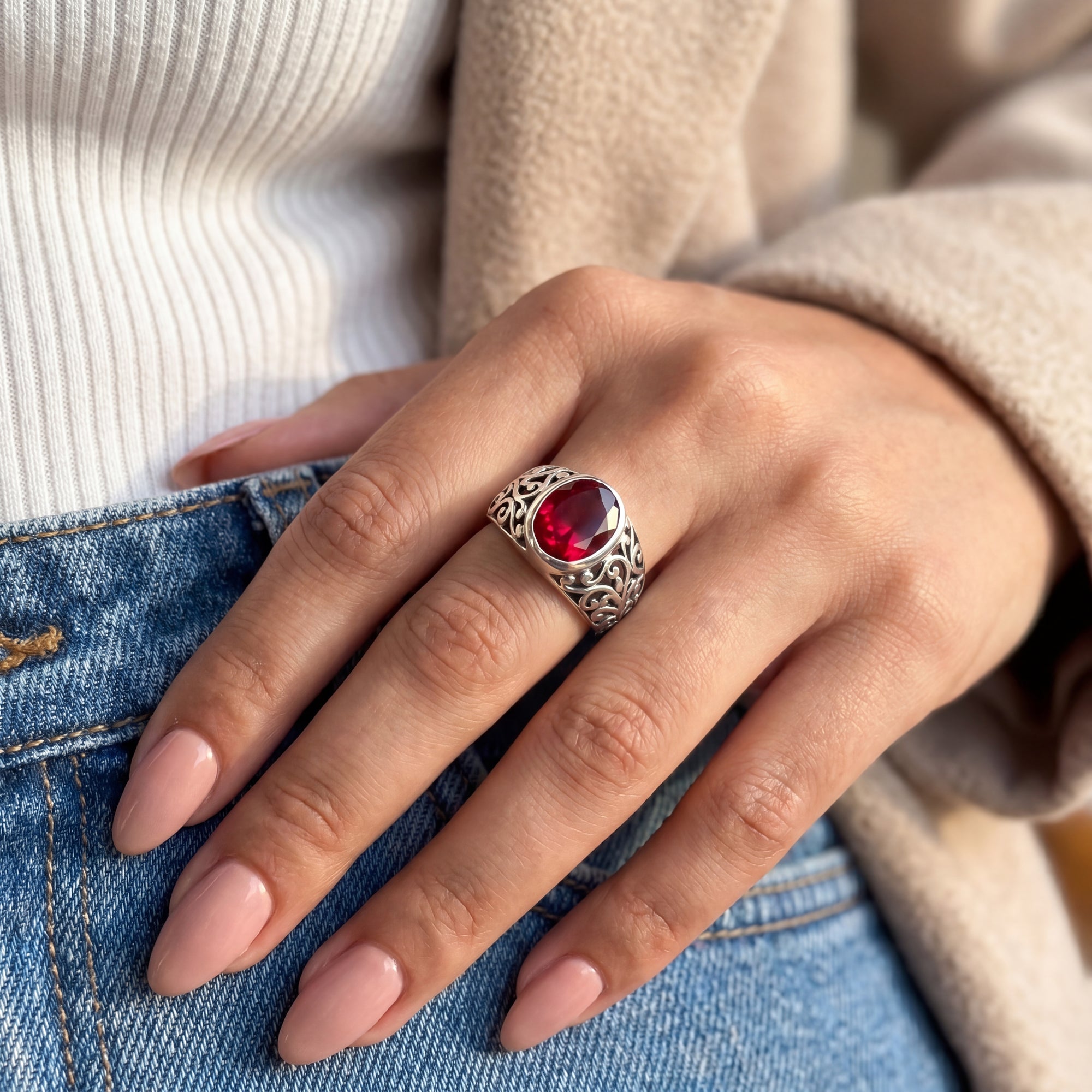 red stone sterling silver ring