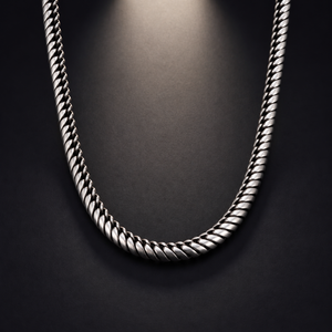 Sterling silver Snake Chain necklace on a dark studio background with overhead lighting