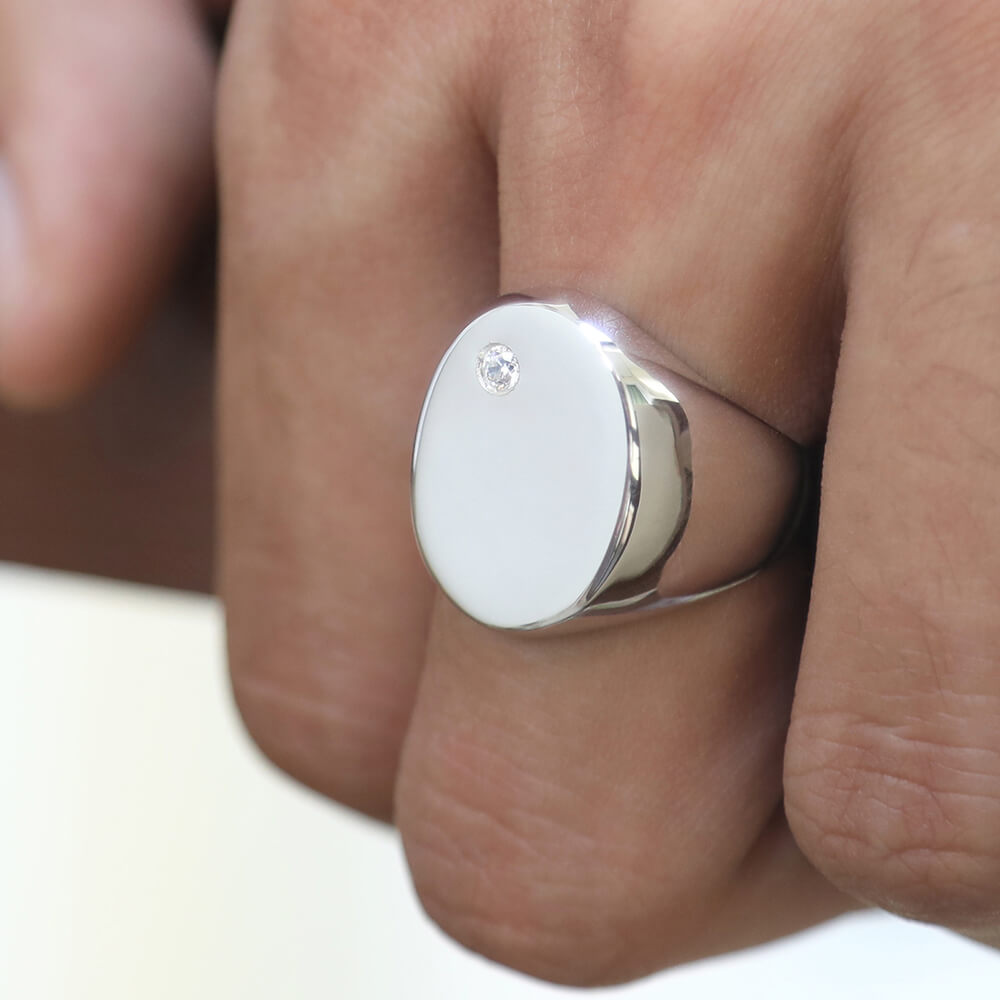 Silver Ring for Men, Italy 925, White CZ Stone, Oval Shape - VY Jewelry