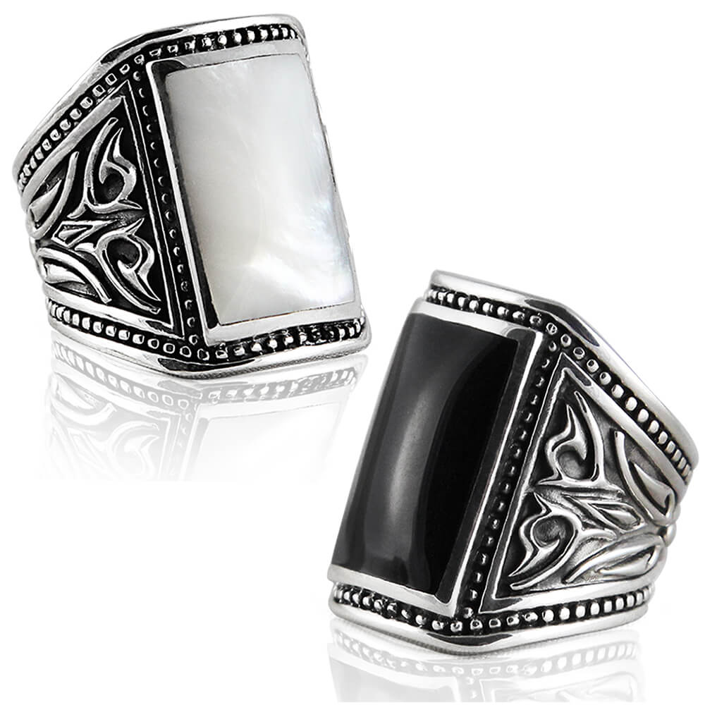 Silver Men Rings - 925 Sterling, Onyx or Shell, Size 8 to 15 - VY Jewelry
