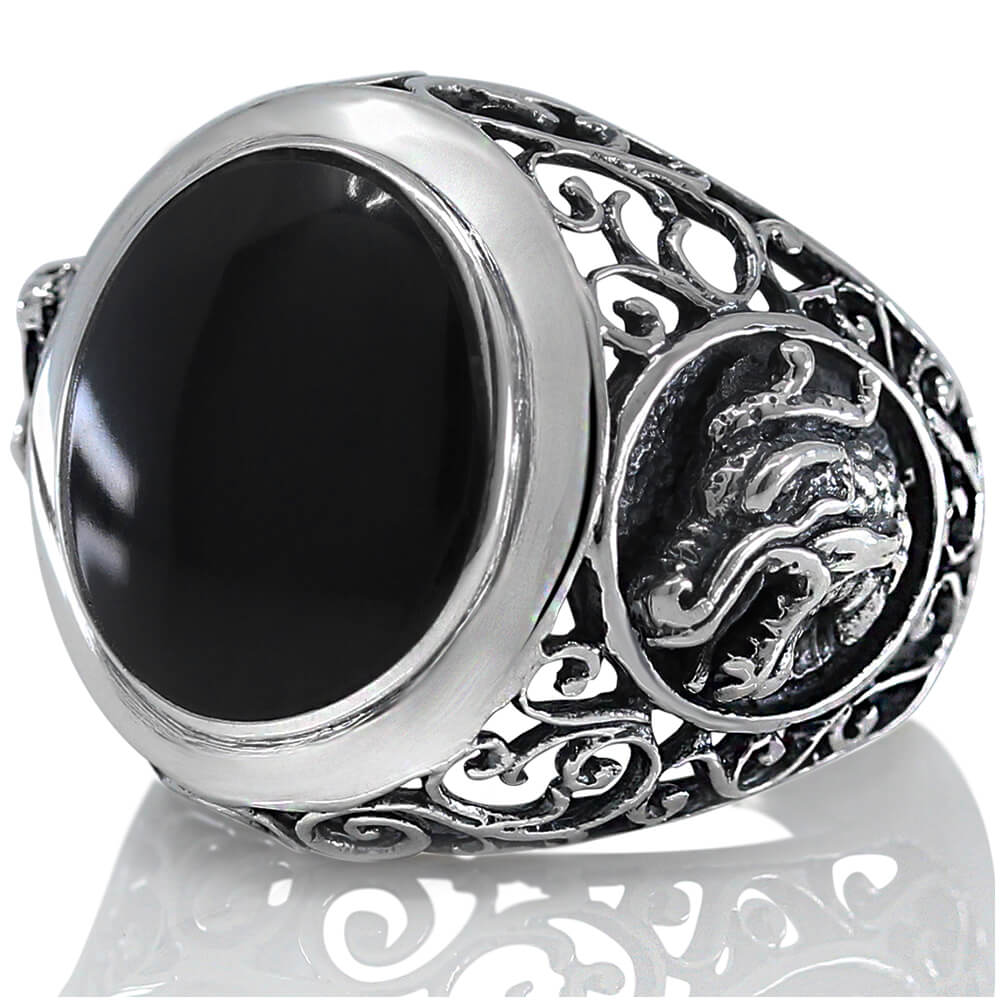 Sz 13 Onyx Dragon .925 Solid Sterling Silver Mens Gemstone Ring Fathers Day Gift