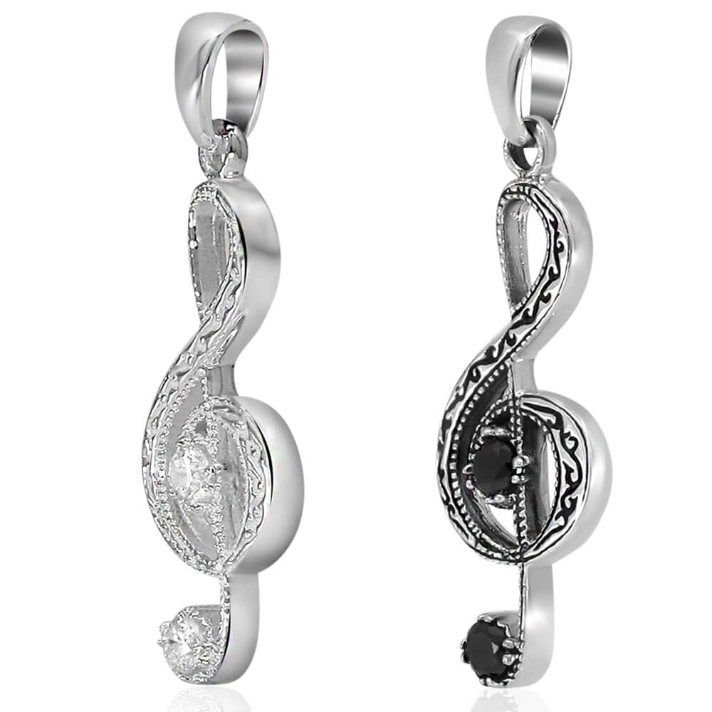 Music Note Pendant Black or White Sol Key made of 925 Silver - VY Jewelry