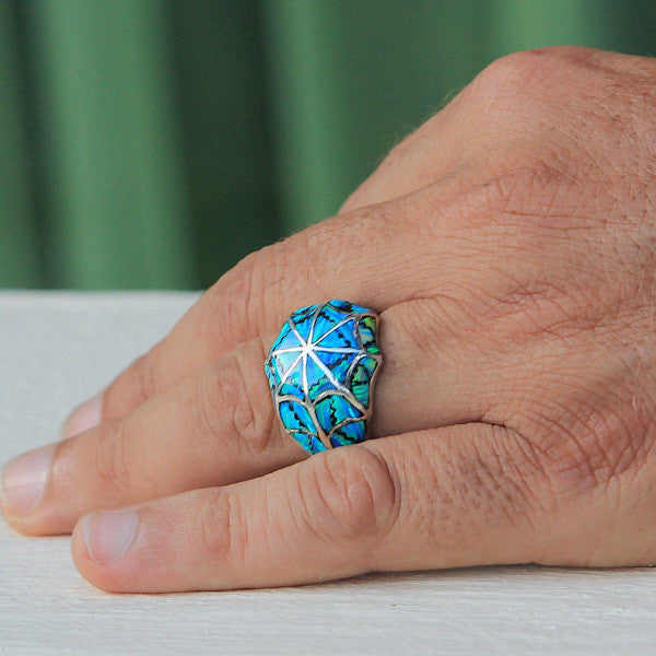 spider net blue opal silver 925 ring for men