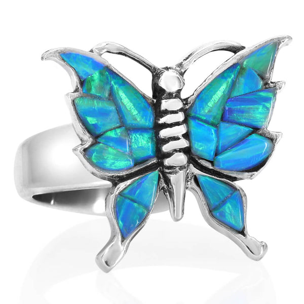 Butterfly Ring - 925 Silver, Blue Opals, Size Adjustable - VY Jewelry