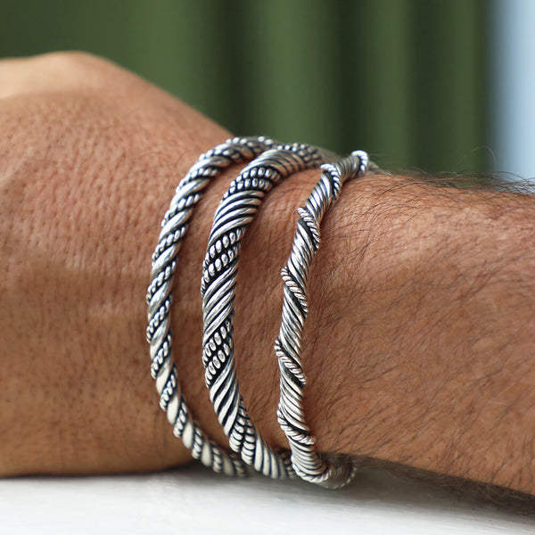 Viking Bracelets - Solid 925 Sterling Silver Men's Cuff, Viking Bracelets (3 Pcs Set) / M - Wrist Sizes 6 to 8