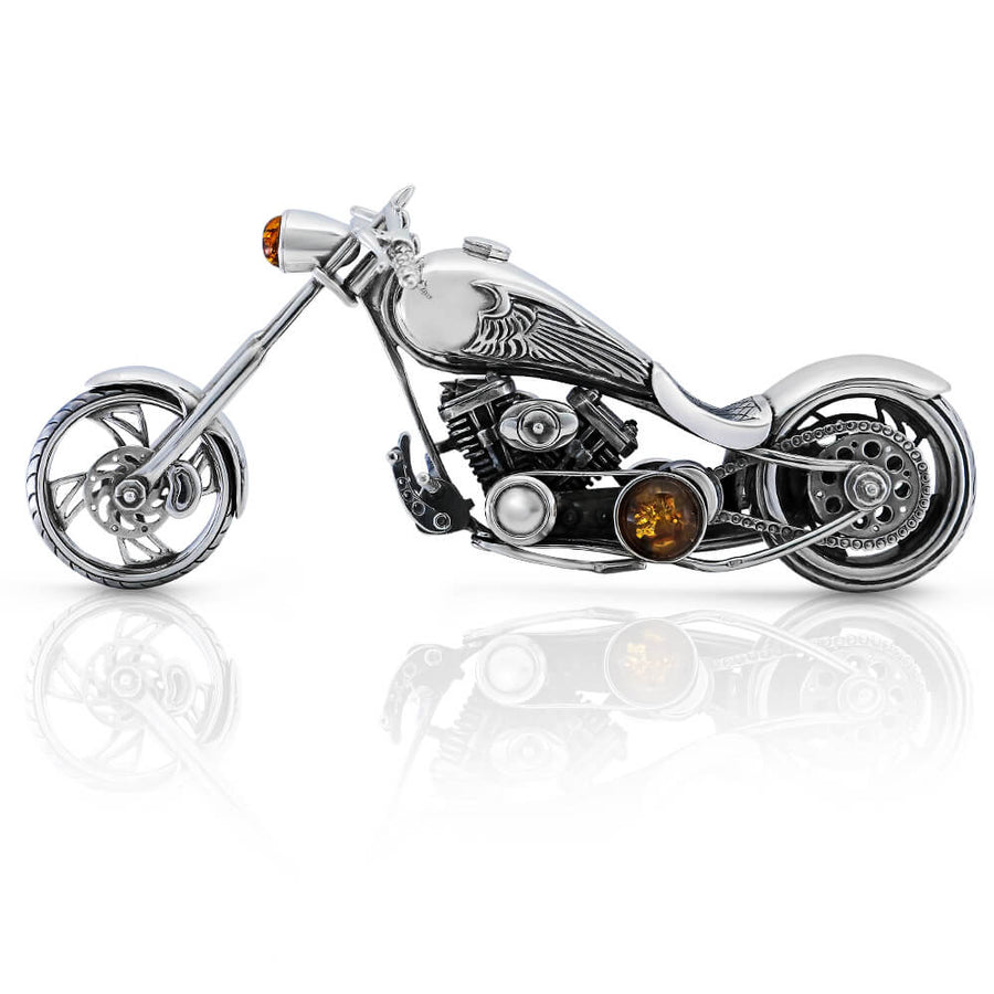 Motorcycle Figurine made of 925 Solid Silver, Amber Stones - VY Jewelry